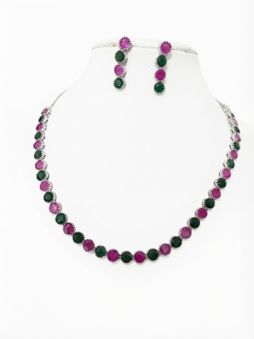 Silver Necklace and Earring Set with Pink and Green Monalisa stone